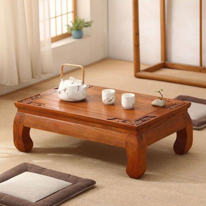 Traditional Japanese Elm Wood Rectangular Curved Coffee Table 1-Tier For Living Room