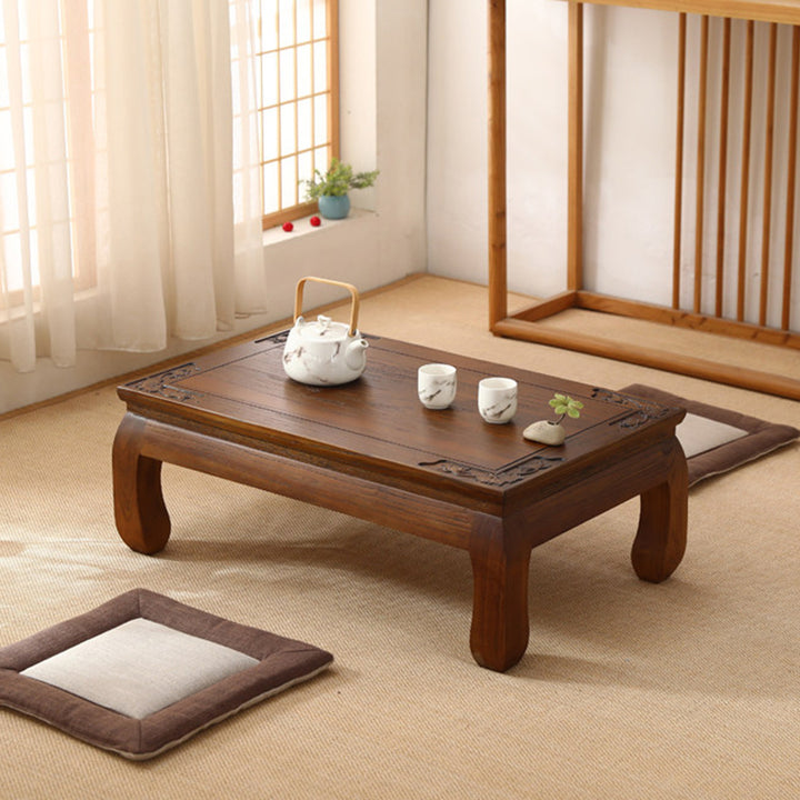 Traditional Japanese Elm Wood Rectangular Curved Coffee Table 1-Tier For Living Room