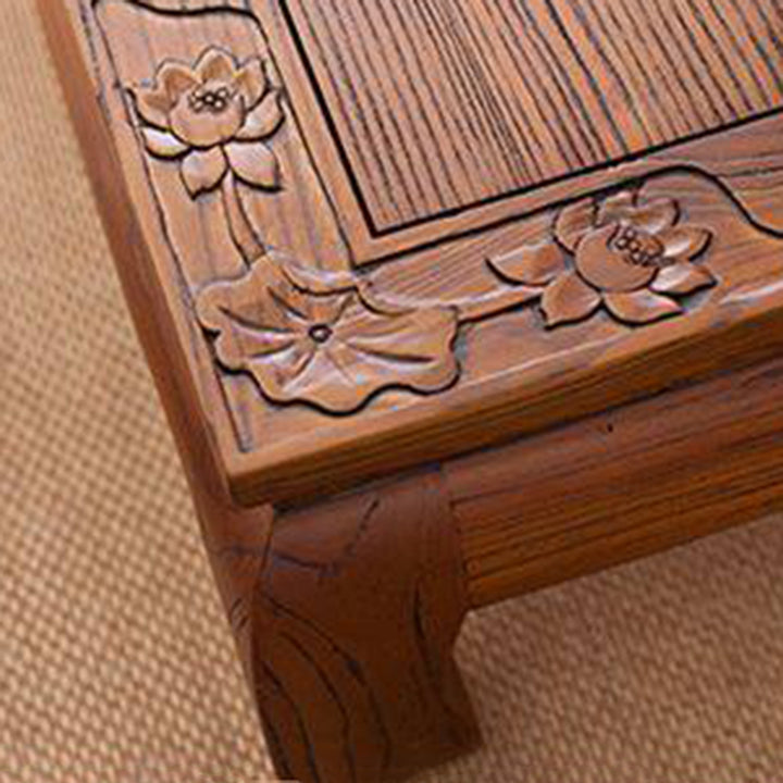 Traditional Japanese Elm Wood Rectangular Curved Coffee Table 1-Tier For Living Room
