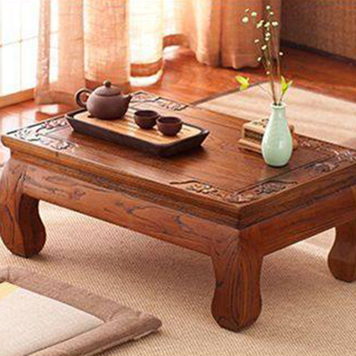 Traditional Japanese Elm Wood Rectangular Curved Coffee Table 1-Tier For Living Room