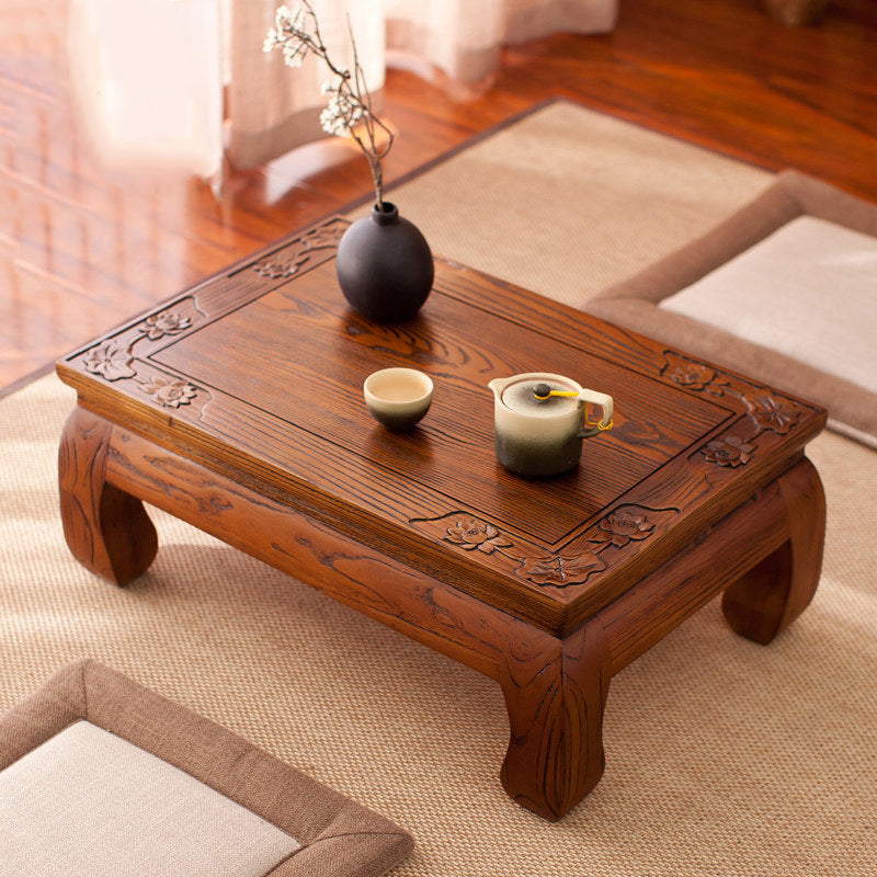 Traditional Japanese Elm Wood Rectangular Curved Coffee Table 1-Tier For Living Room