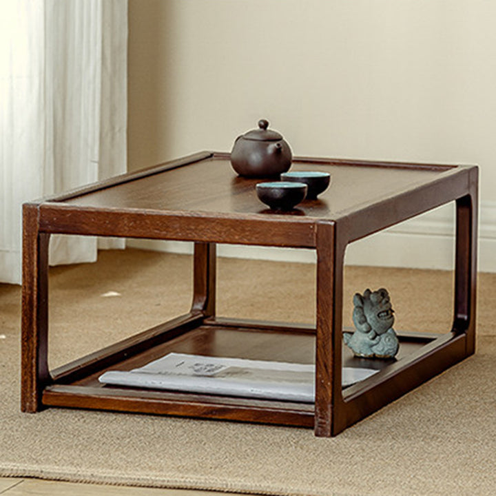 Traditional Japanese Walnut Wood Rounded Rectangular Coffee Table 2-Tier For Living Room