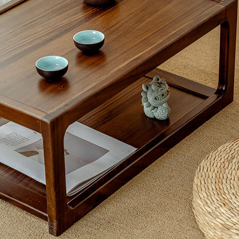 Traditional Japanese Walnut Wood Rounded Rectangular Coffee Table 2-Tier For Living Room