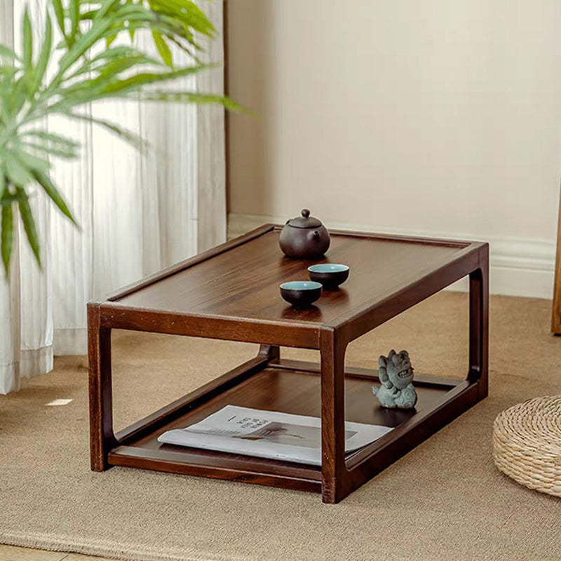Traditional Japanese Walnut Wood Rounded Rectangular Coffee Table 2-Tier For Living Room