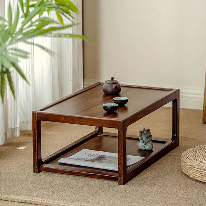 Traditional Japanese Walnut Wood Rounded Rectangular Coffee Table 2-Tier For Living Room