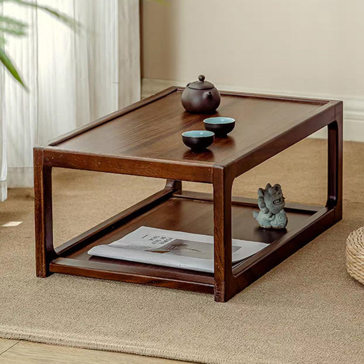 Traditional Japanese Walnut Wood Rounded Rectangular Coffee Table 2-Tier For Living Room
