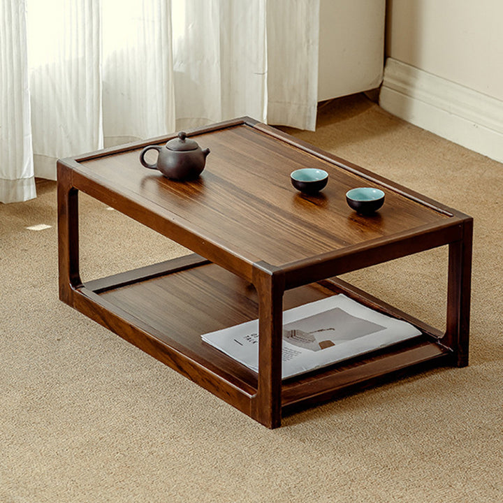 Traditional Japanese Walnut Wood Rounded Rectangular Coffee Table 2-Tier For Living Room