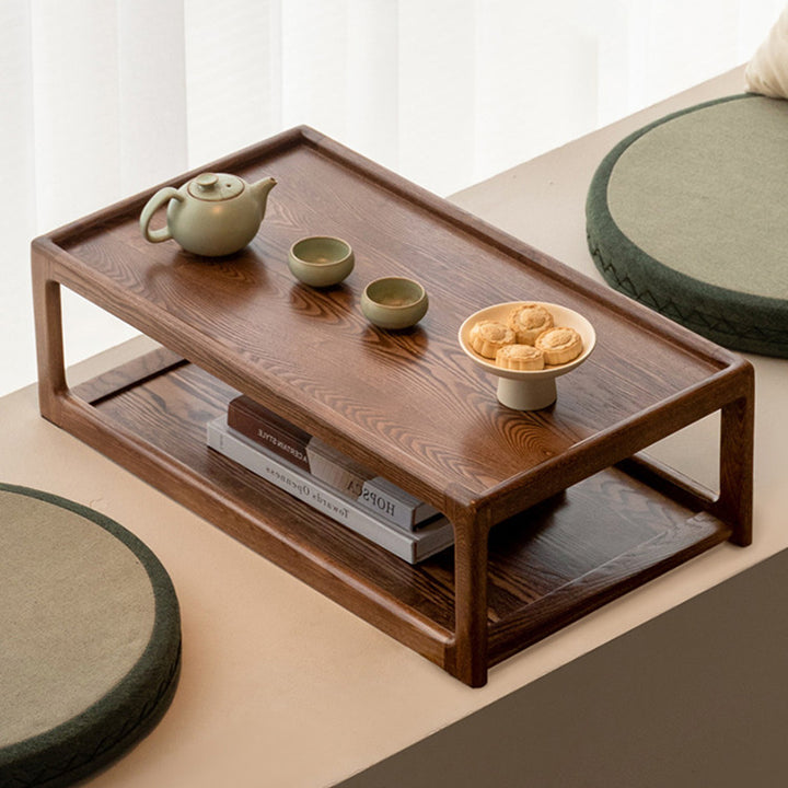 Traditional Japanese Walnut Wood Rounded Rectangular Coffee Table 2-Tier For Living Room