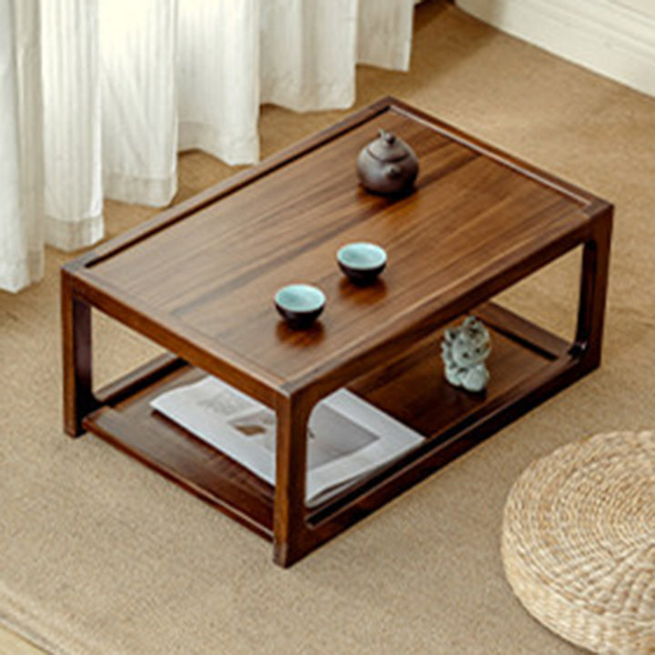 Traditional Japanese Walnut Wood Rounded Rectangular Coffee Table 2-Tier For Living Room