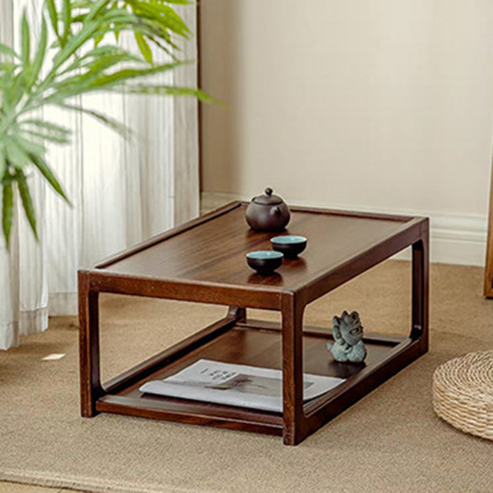Traditional Japanese Walnut Wood Rounded Rectangular Coffee Table 2-Tier For Living Room