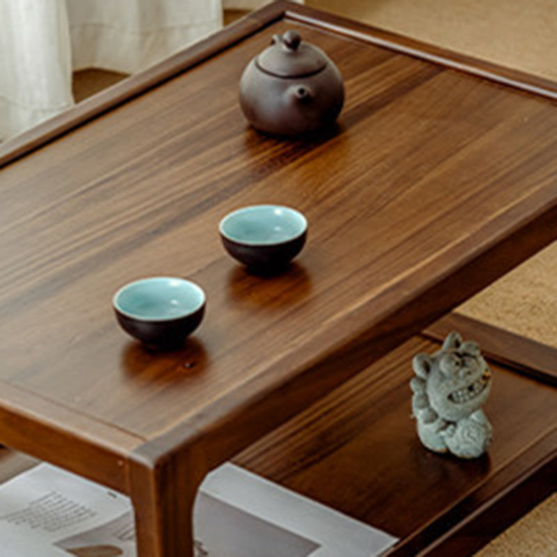 Traditional Japanese Walnut Wood Rounded Rectangular Coffee Table 2-Tier For Living Room