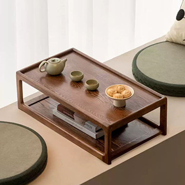 Traditional Japanese Walnut Wood Rounded Rectangular Coffee Table 2-Tier For Living Room