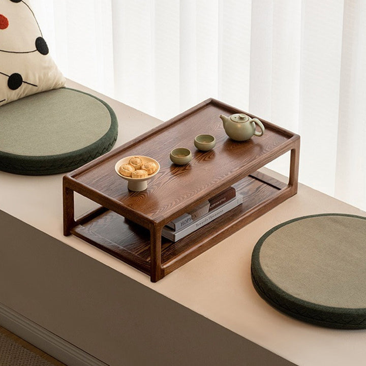 Traditional Japanese Walnut Wood Rounded Rectangular Coffee Table 2-Tier For Living Room