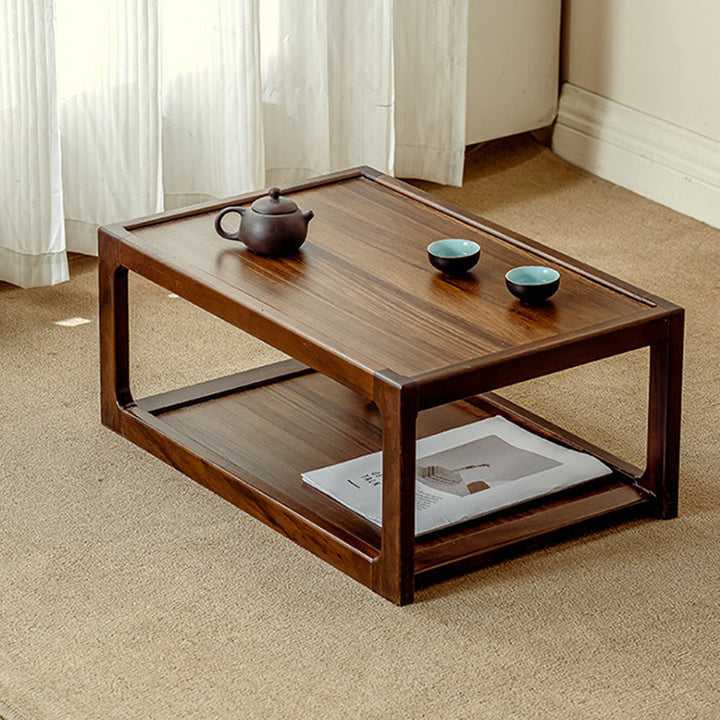 Traditional Japanese Walnut Wood Rounded Rectangular Coffee Table 2-Tier For Living Room