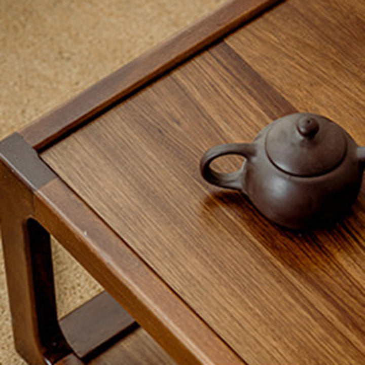 Traditional Japanese Walnut Wood Rounded Rectangular Coffee Table 2-Tier For Living Room