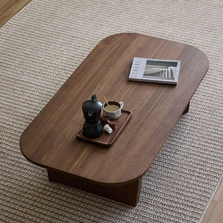 Table basse rectangulaire arrondie à 1 niveau en bois de pin chinois traditionnel pour salon 