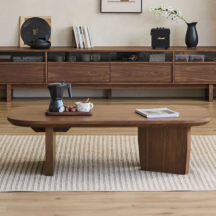 Table basse rectangulaire arrondie à 1 niveau en bois de pin chinois traditionnel pour salon 
