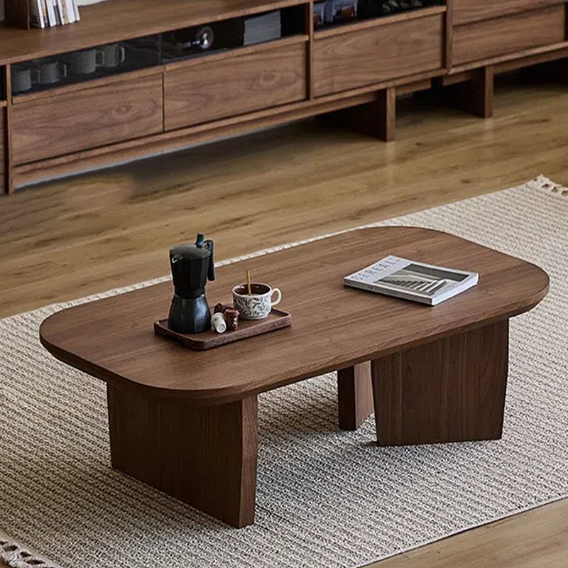 Table basse rectangulaire arrondie à 1 niveau en bois de pin chinois traditionnel pour salon 