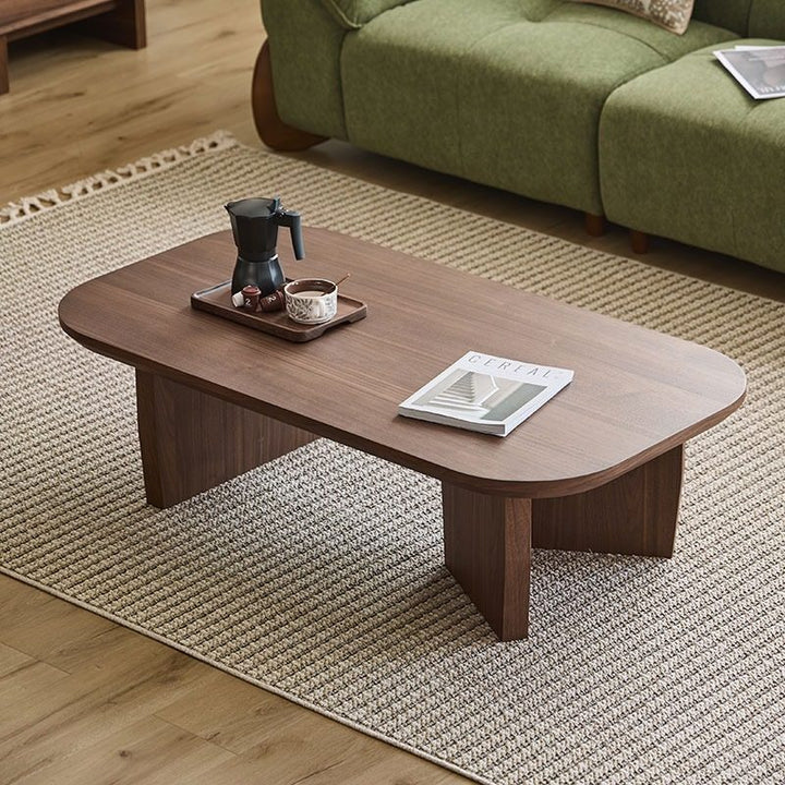 Table basse rectangulaire arrondie à 1 niveau en bois de pin chinois traditionnel pour salon 