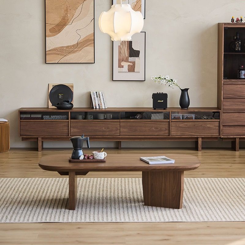 Table basse rectangulaire arrondie à 1 niveau en bois de pin chinois traditionnel pour salon 