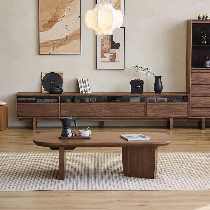 Table basse rectangulaire arrondie à 1 niveau en bois de pin chinois traditionnel pour salon 