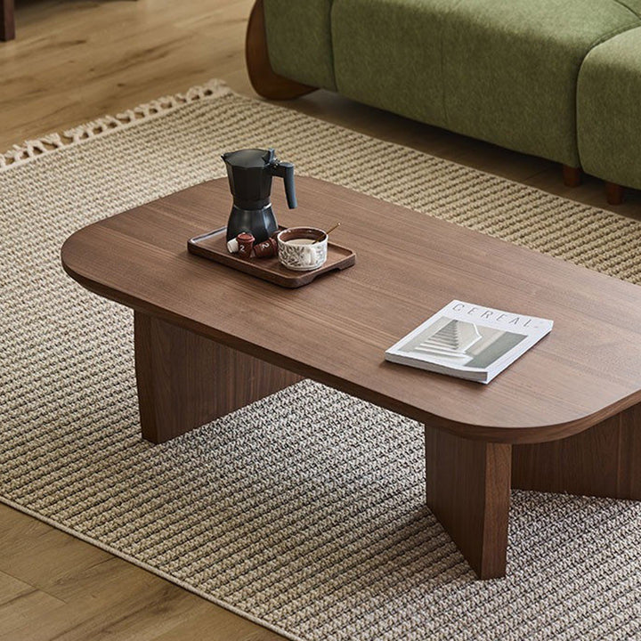 Table basse rectangulaire arrondie à 1 niveau en bois de pin chinois traditionnel pour salon 