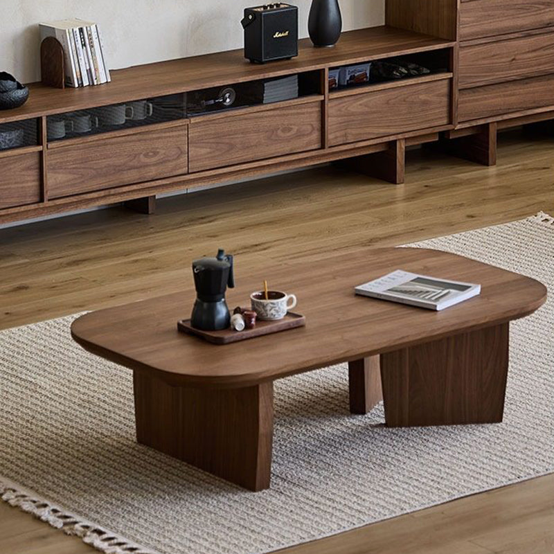 Table basse rectangulaire arrondie à 1 niveau en bois de pin chinois traditionnel pour salon 