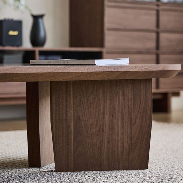 Table basse rectangulaire arrondie à 1 niveau en bois de pin chinois traditionnel pour salon 