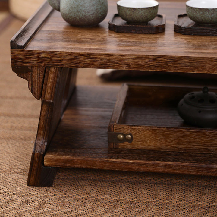Traditioneller japanischer Kaffeetisch aus Paulownia-Holz, klappbar, rechteckig, 2-stufig für das Wohnzimmer 