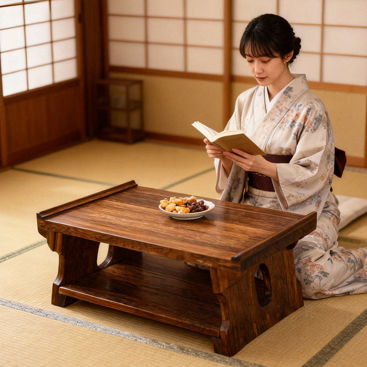 Traditioneller japanischer Kaffeetisch aus Paulownia-Holz, klappbar, rechteckig, 2-stufig für das Wohnzimmer 