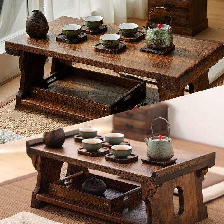Traditioneller japanischer Kaffeetisch aus Paulownia-Holz, klappbar, rechteckig, 2-stufig für das Wohnzimmer 