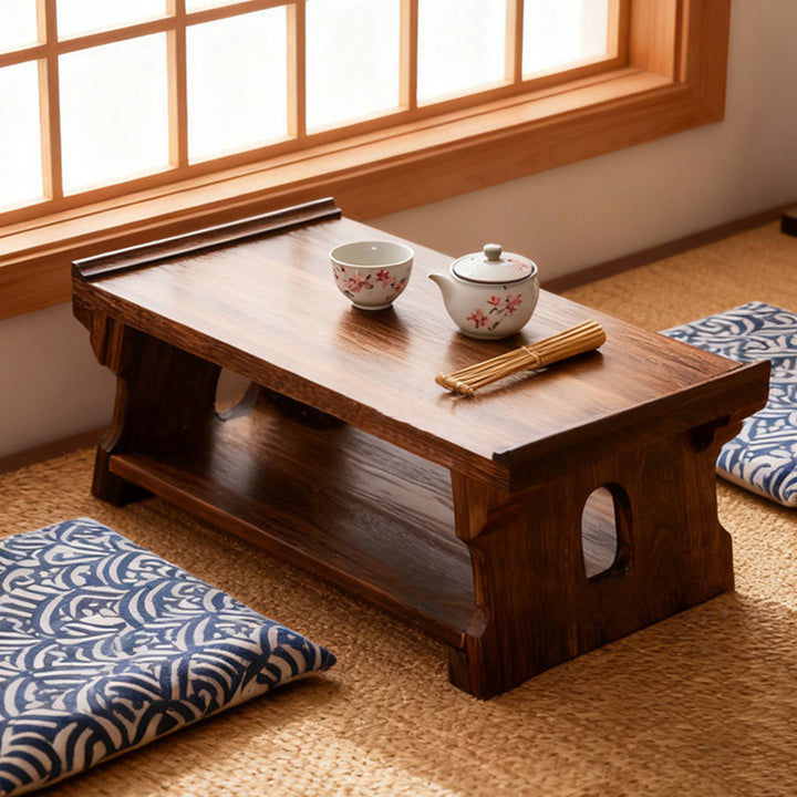 Traditioneller japanischer Kaffeetisch aus Paulownia-Holz, klappbar, rechteckig, 2-stufig für das Wohnzimmer 
