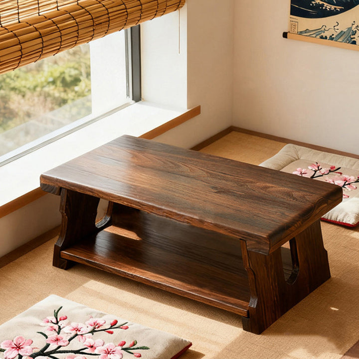 Traditioneller japanischer Kaffeetisch aus Paulownia-Holz, klappbar, rechteckig, 2-stufig für das Wohnzimmer 