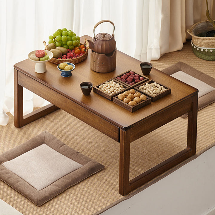 Traditional Japanese Bamboo Rectangular Recessed Coffee Table 1-2 Drawers For Living Room