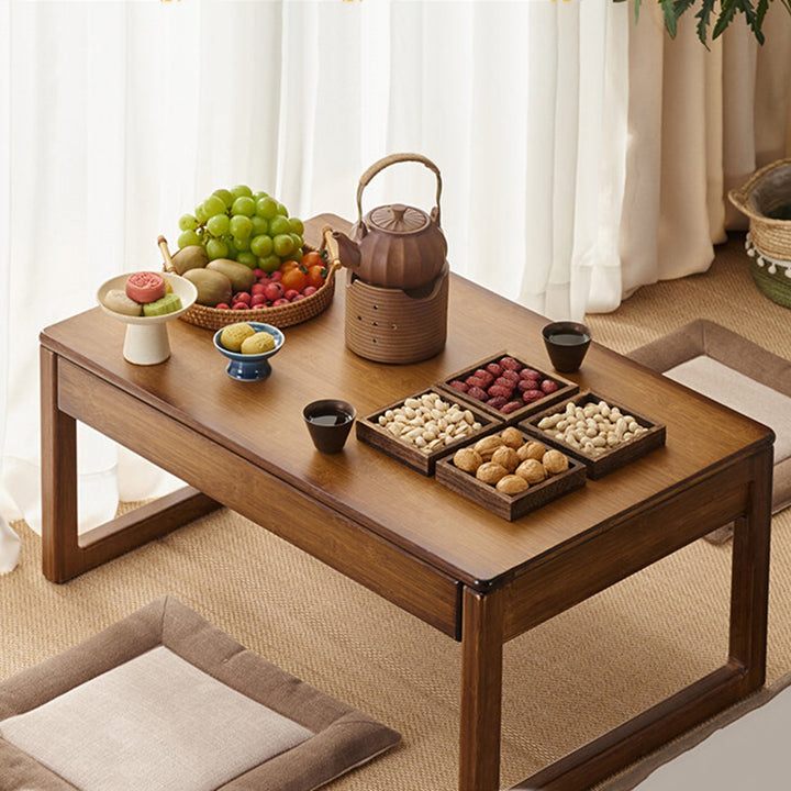 Traditional Japanese Bamboo Rectangular Recessed Coffee Table 1-2 Drawers For Living Room