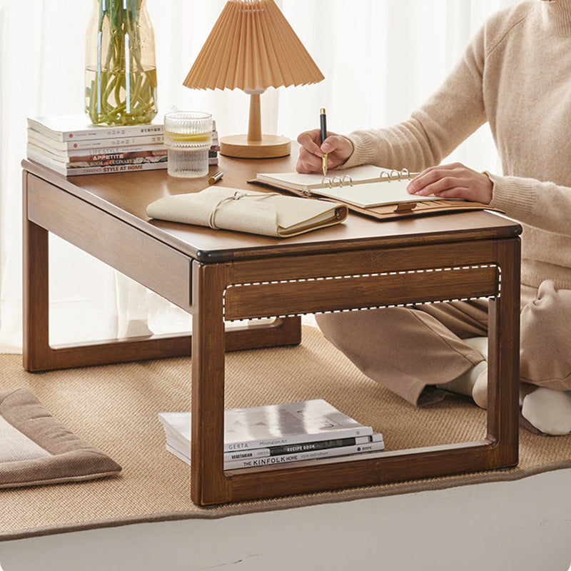Traditional Japanese Bamboo Rectangular Recessed Coffee Table 1-2 Drawers For Living Room