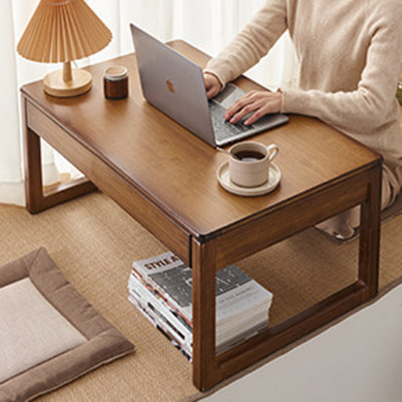Traditional Japanese Bamboo Rectangular Recessed Coffee Table 1-2 Drawers For Living Room