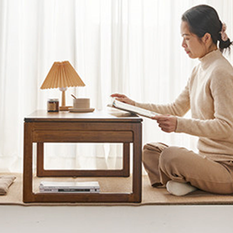 Traditional Japanese Bamboo Rectangular Recessed Coffee Table 1-2 Drawers For Living Room