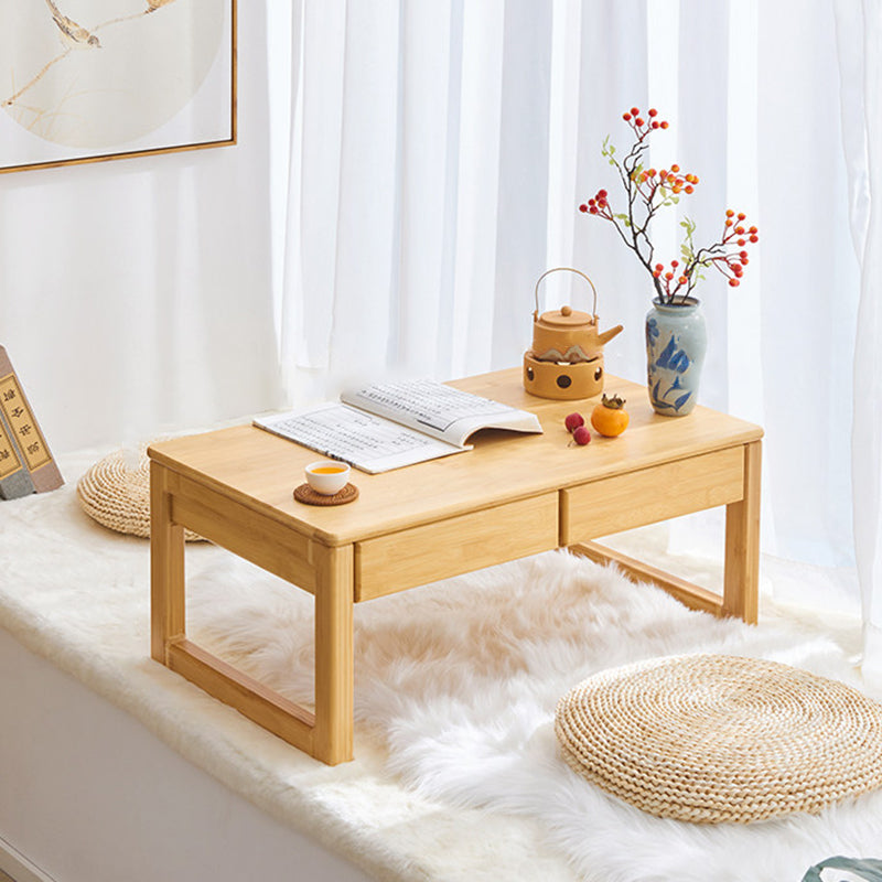 Traditional Japanese Bamboo Rectangular Recessed Coffee Table 1-2 Drawers For Living Room