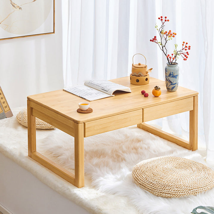 Traditional Japanese Bamboo Rectangular Recessed Coffee Table 1-2 Drawers For Living Room