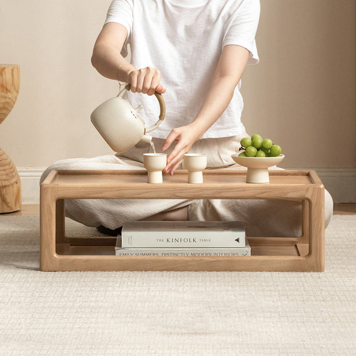 Table basse rectangulaire moderne minimaliste en bois de chêne, 2 niveaux, pour salon 
