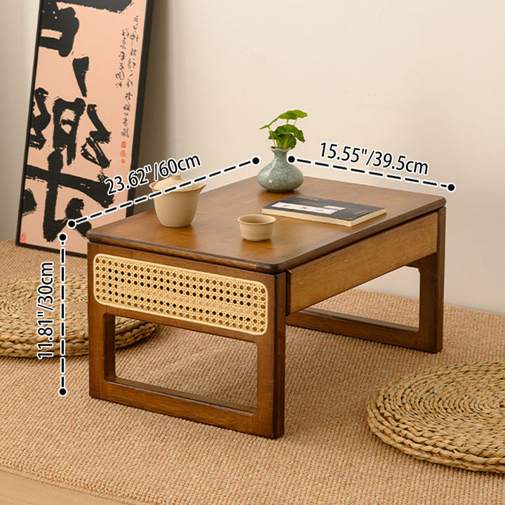 Traditional Japanese Rattan Bamboo Foldable Rectangular Openwork Coffee Table 1-Tier For Living Room