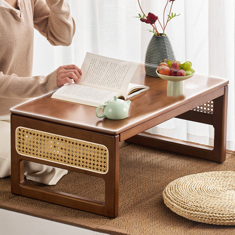 Traditional Japanese Rattan Bamboo Foldable Rectangular Openwork Coffee Table 1-Tier For Living Room