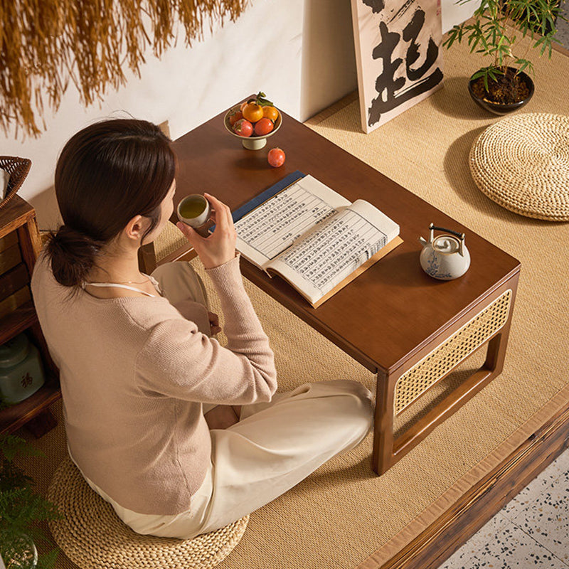 Traditional Japanese Rattan Bamboo Foldable Rectangular Openwork Coffee Table 1-Tier For Living Room