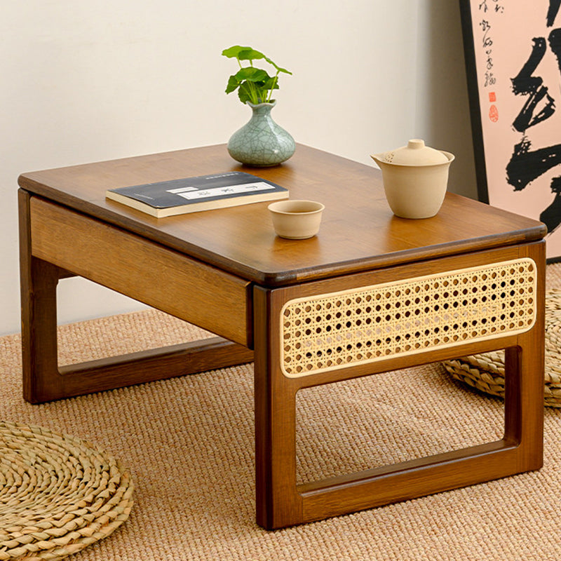 Traditional Japanese Rattan Bamboo Foldable Rectangular Openwork Coffee Table 1-Tier For Living Room
