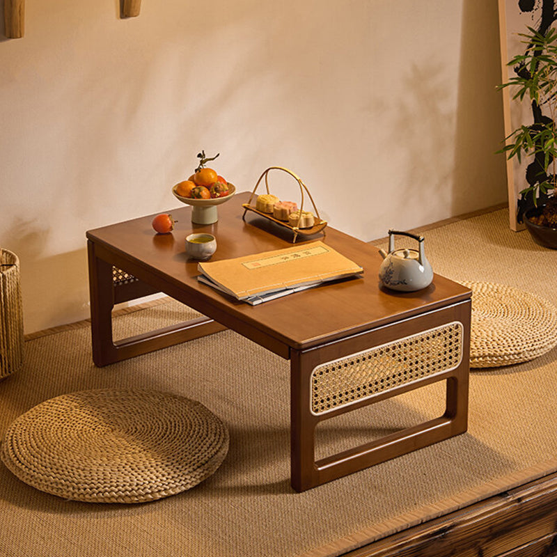 Traditional Japanese Rattan Bamboo Foldable Rectangular Openwork Coffee Table 1-Tier For Living Room