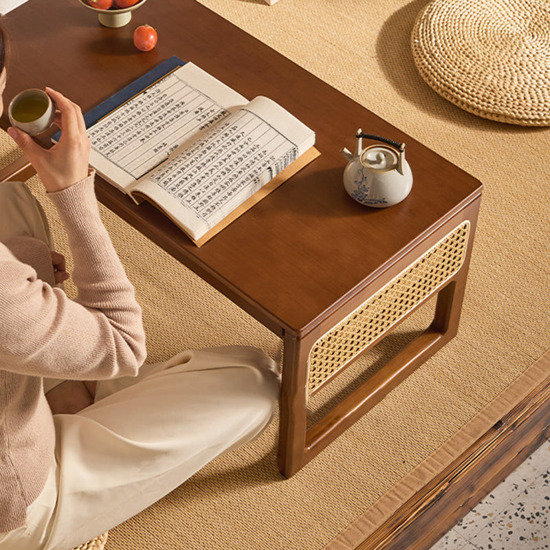 Traditional Japanese Rattan Bamboo Foldable Rectangular Openwork Coffee Table 1-Tier For Living Room
