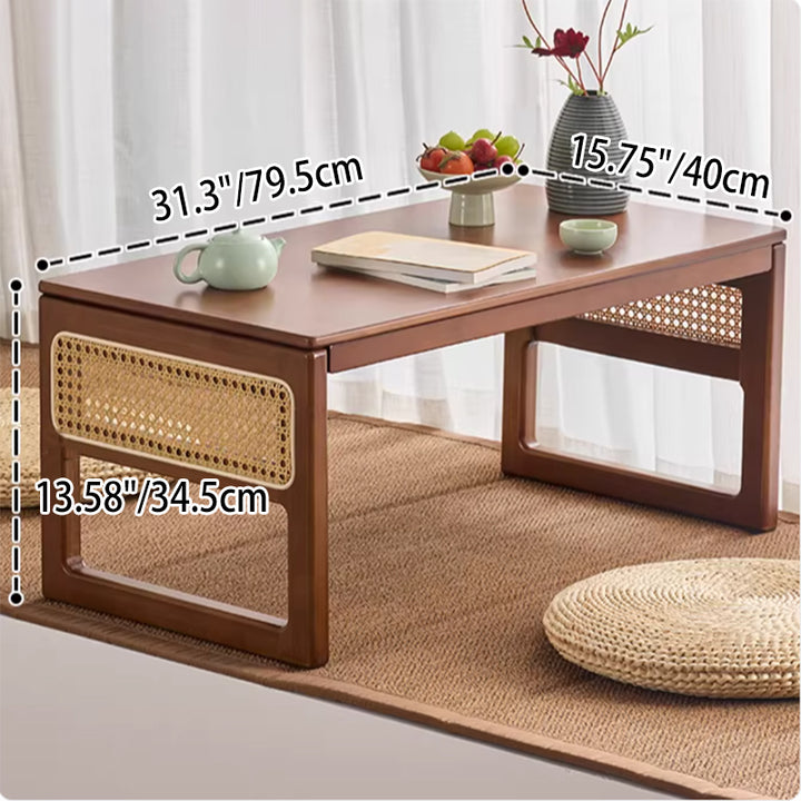 Traditional Japanese Rattan Bamboo Foldable Rectangular Openwork Coffee Table 1-Tier For Living Room