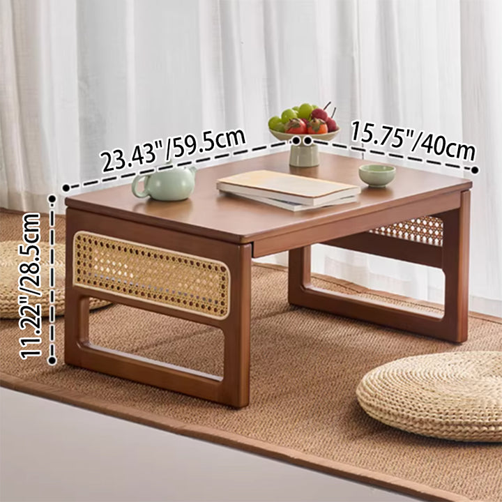 Traditional Japanese Rattan Bamboo Foldable Rectangular Openwork Coffee Table 1-Tier For Living Room
