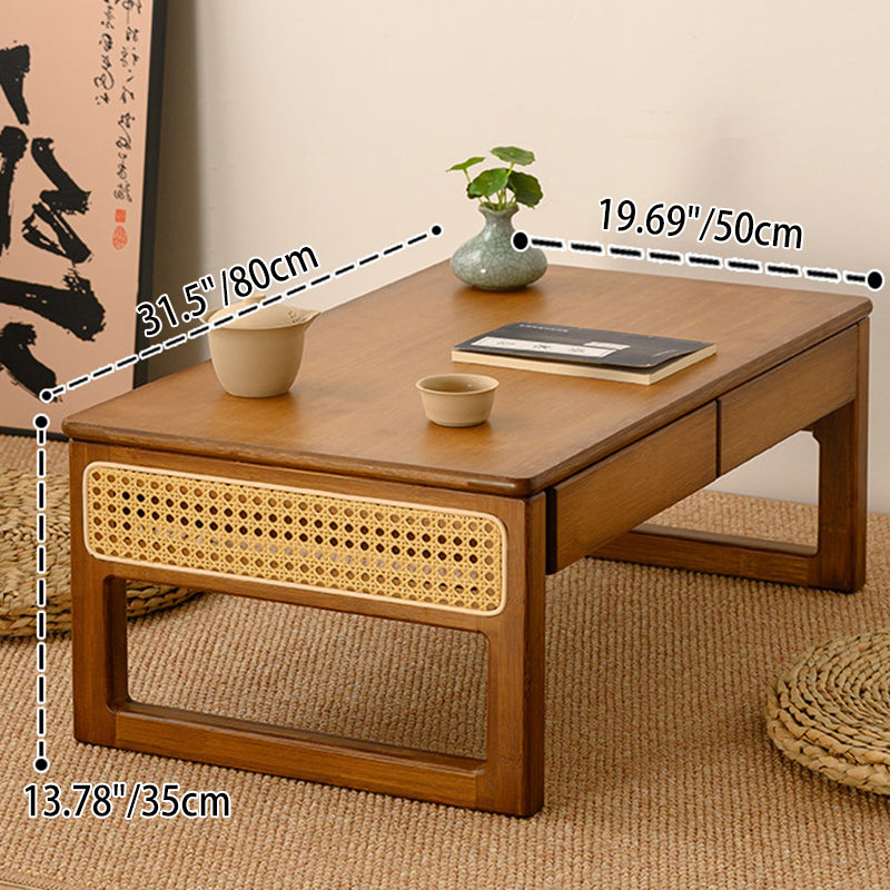 Traditional Japanese Rattan Bamboo Foldable Rectangular Openwork Coffee Table 1-Tier For Living Room